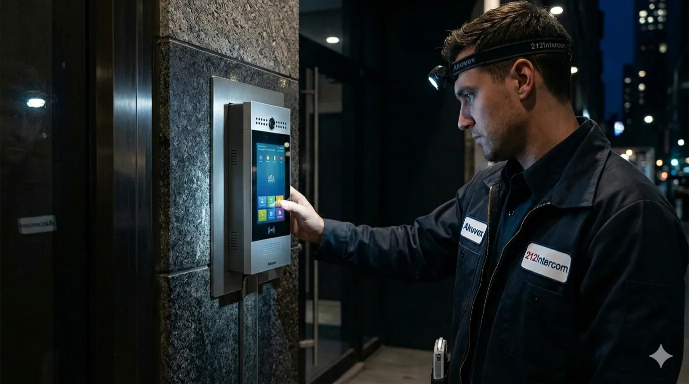 212Intercom professional technician installing Akuvox intercom system in New York City